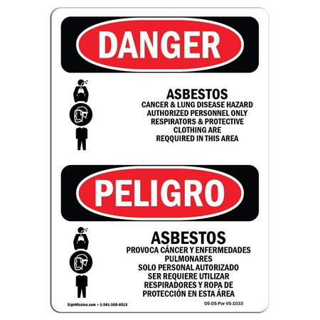 Signmission Safety Sign, OSHA Danger, 24" Height, Rigid Plastic, Asbestos Cancer Lung Disease Spanish OS-DS-P-1824-VS-1033